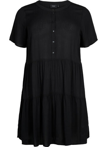A-linjeformad viskosklänning med korta ärmar, Black, Packshot image number 0