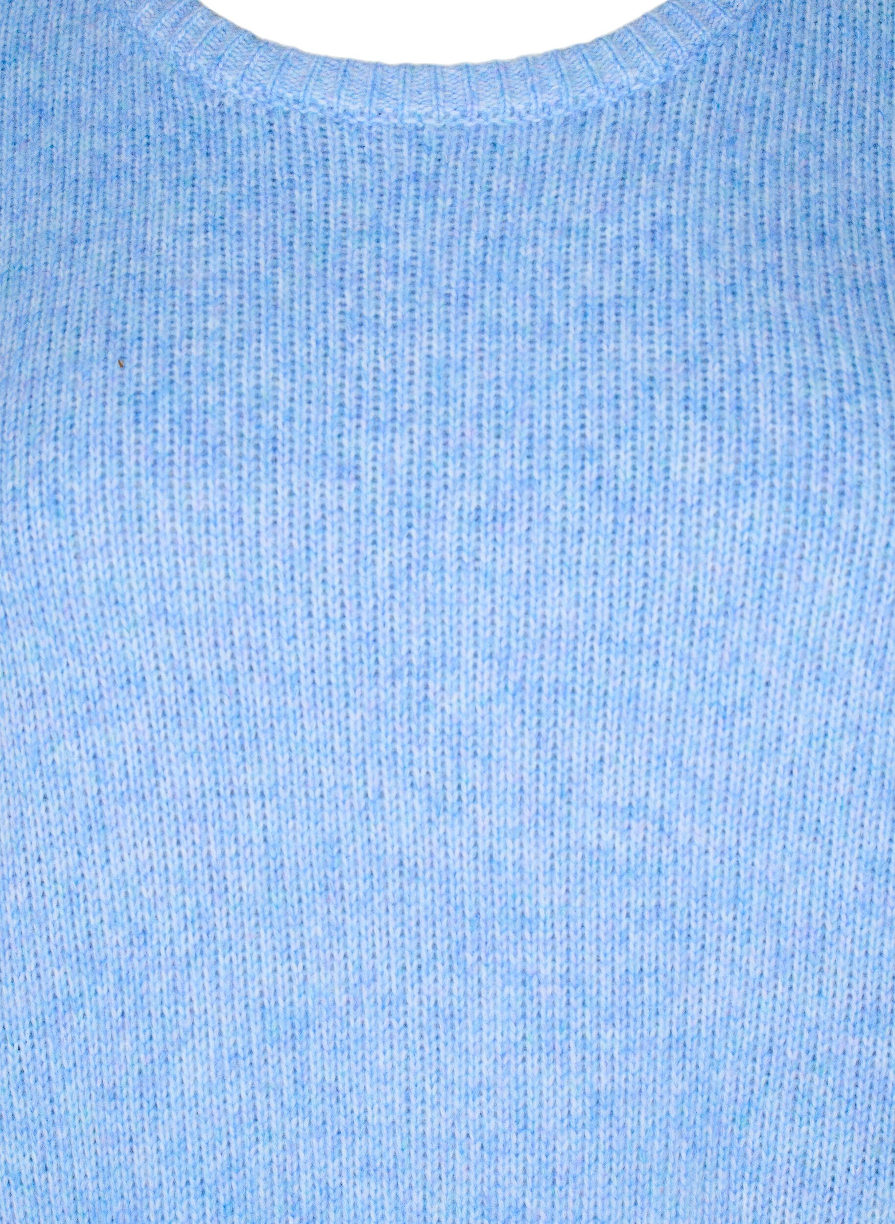 Zizzi Stickad tr&ouml;ja i ull med l&aring;nga &auml;rmar och rund halsringning, Della R. Blue Mel., Packshot image number 2