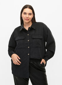 Långärmad sammetsskjorta med bröstfickor, Black, Model