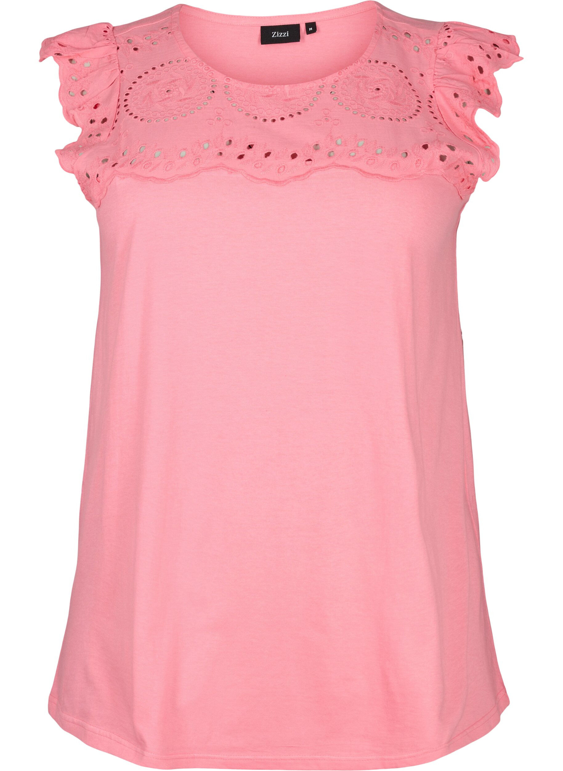 Zizzi T-shirt i ekologisk bomull med anglaise-broderi, Strawberry Pink , Packshot image number 0