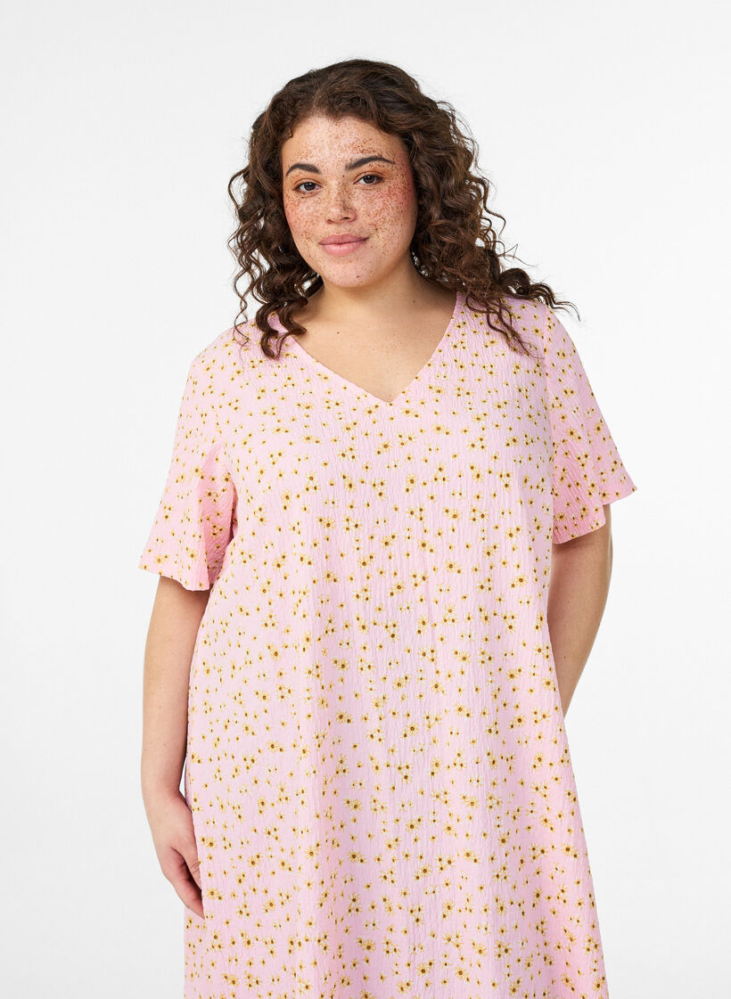 Kort&auml;rmad kl&auml;nning med V-ringning, Rosa, Model image number 2