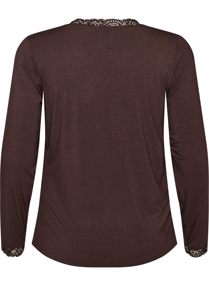 Blus i viskos med spetskant och v-ringning, Brun, Packshot image number 1