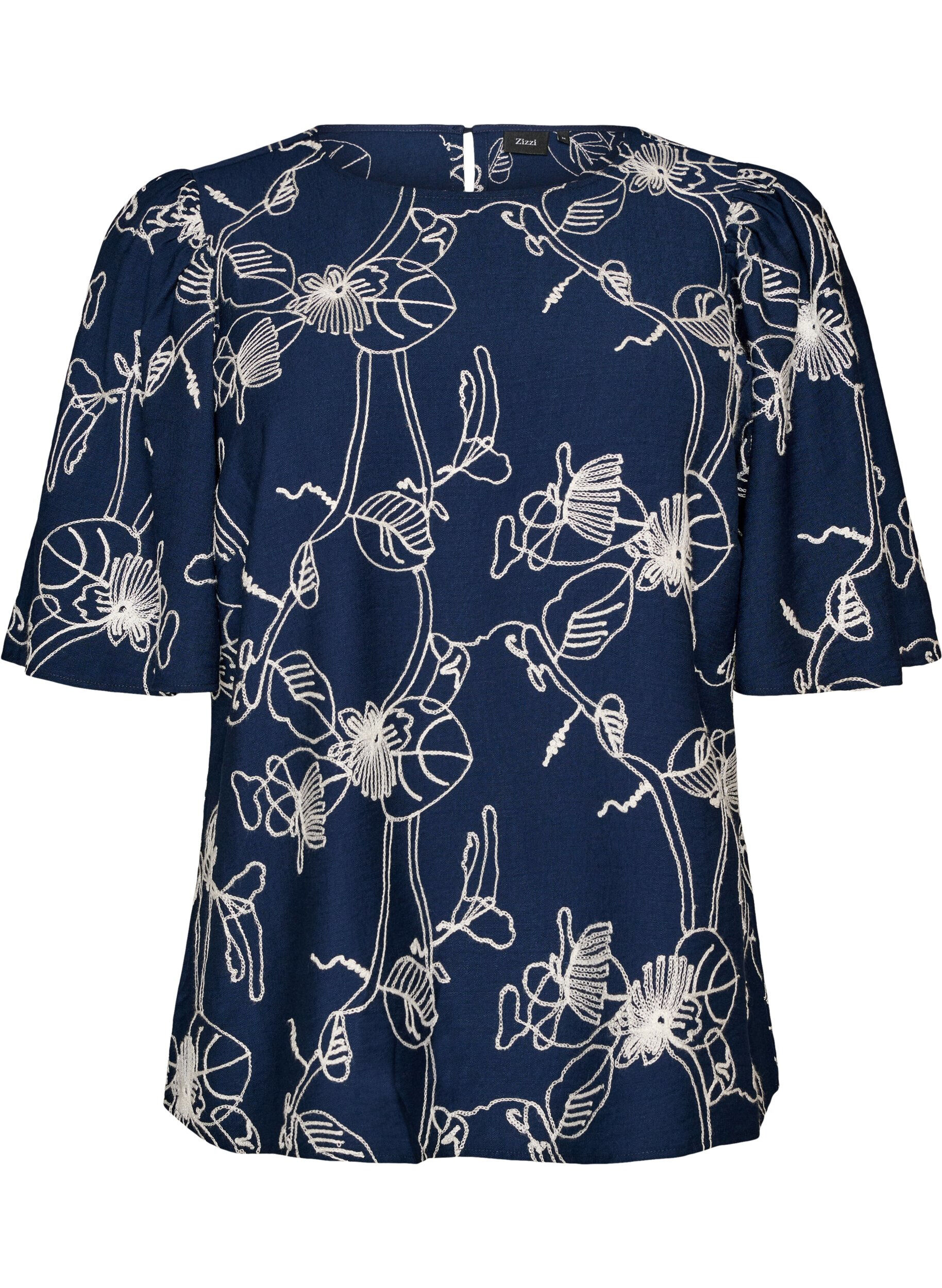 ZizziKort&auml;rmad blus med broderat m&ouml;nster, Bl&aring;, Packshot image number 0