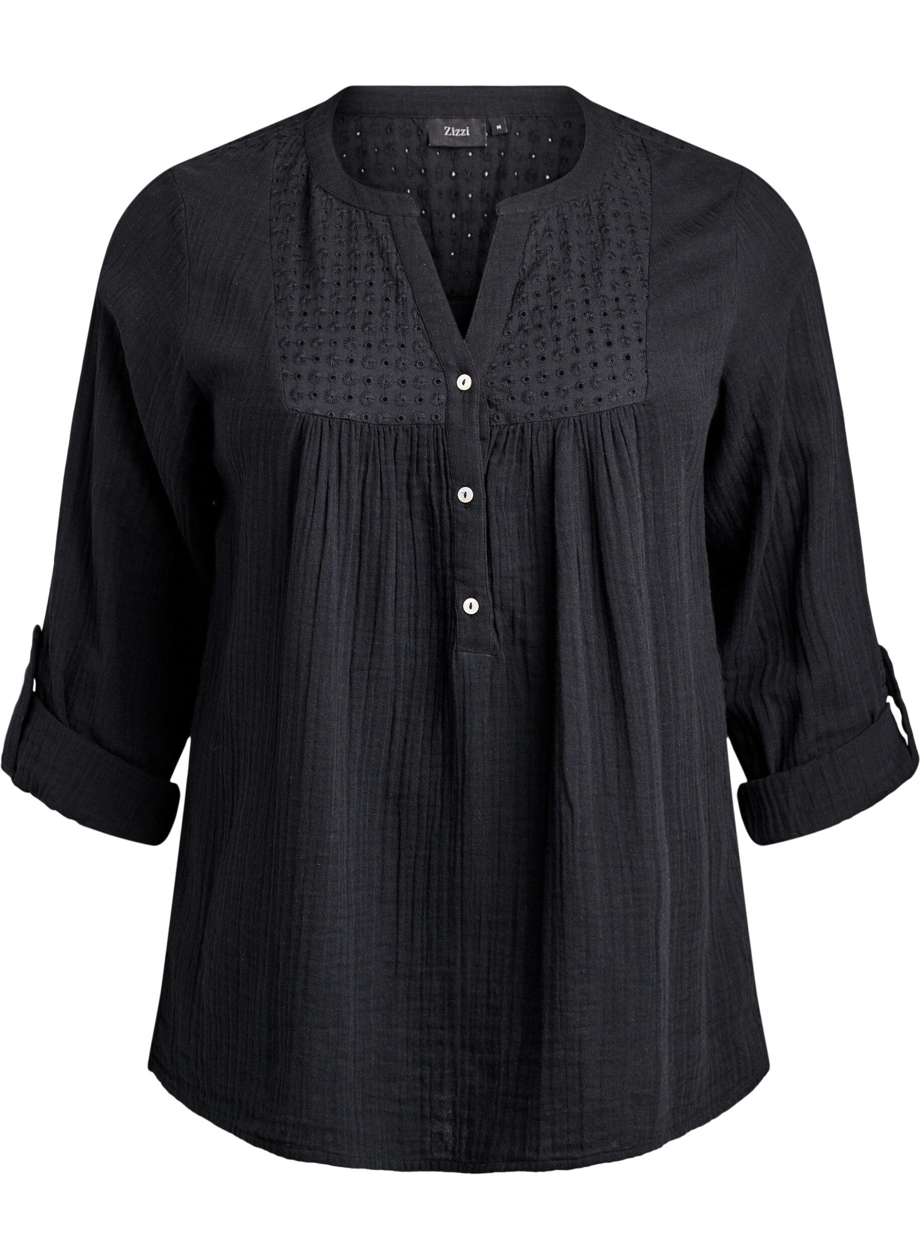 ZizziBlus i bomullsmuslin med broderie anglaise, Svart, Packshot image number 0