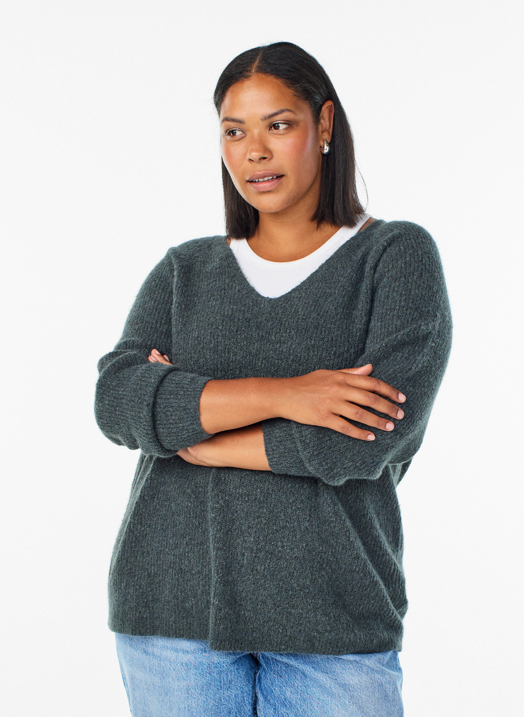 ZizziStickad blus med v-ringning och raglan&auml;rm, Gr&ouml;n, Model image number 0