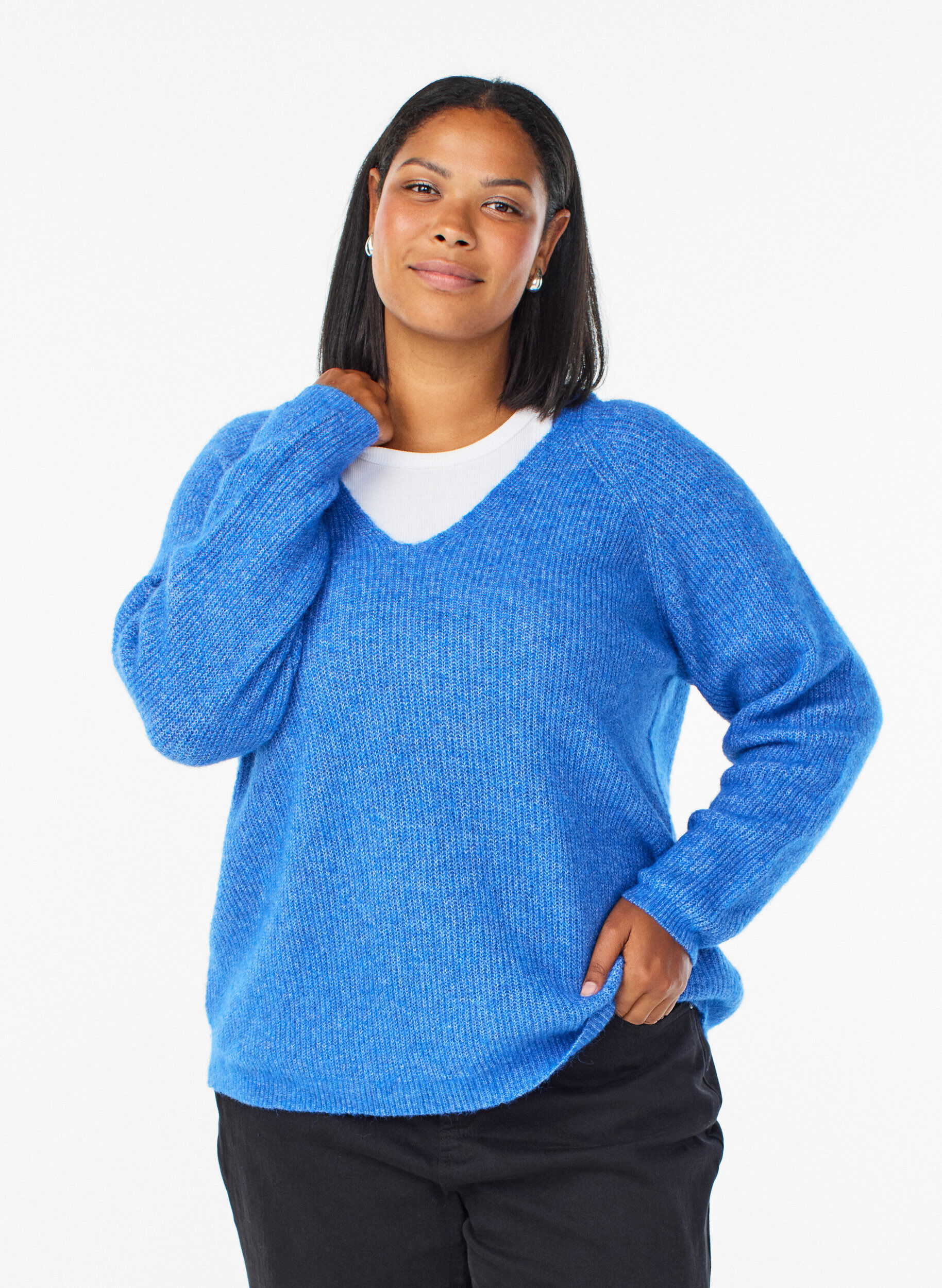 Stickad blus med v-ringning och raglan&auml;rmar, Bl&aring;, Model