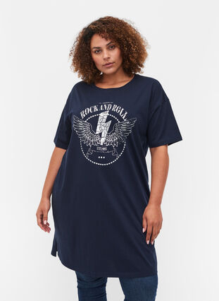 T-shirtklänning i bomull med mönster, Navy Blazer, Model image number 0