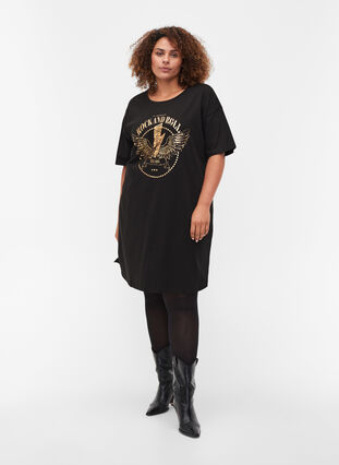 T-shirtklänning i bomull med mönster, Black w. Gold, Model image number 2
