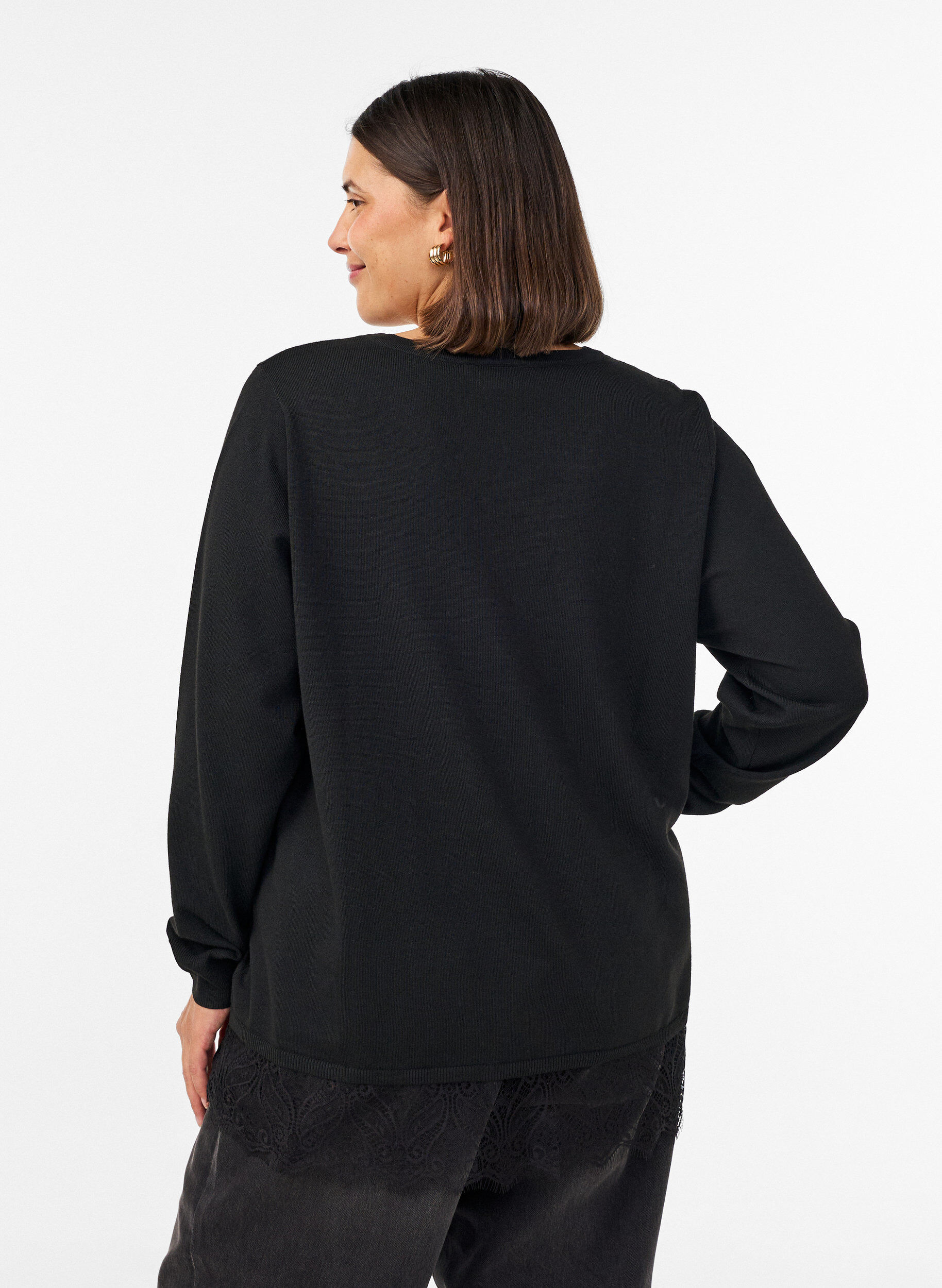 ZizziStickad blus med v-ringning och spetskant, Svart, Model image number 2