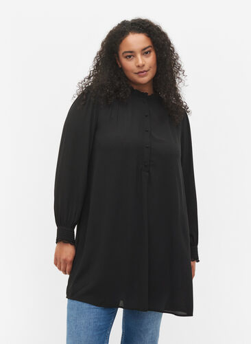 Tunika med volangkrage och långa ärmar, Black, Model image number 0