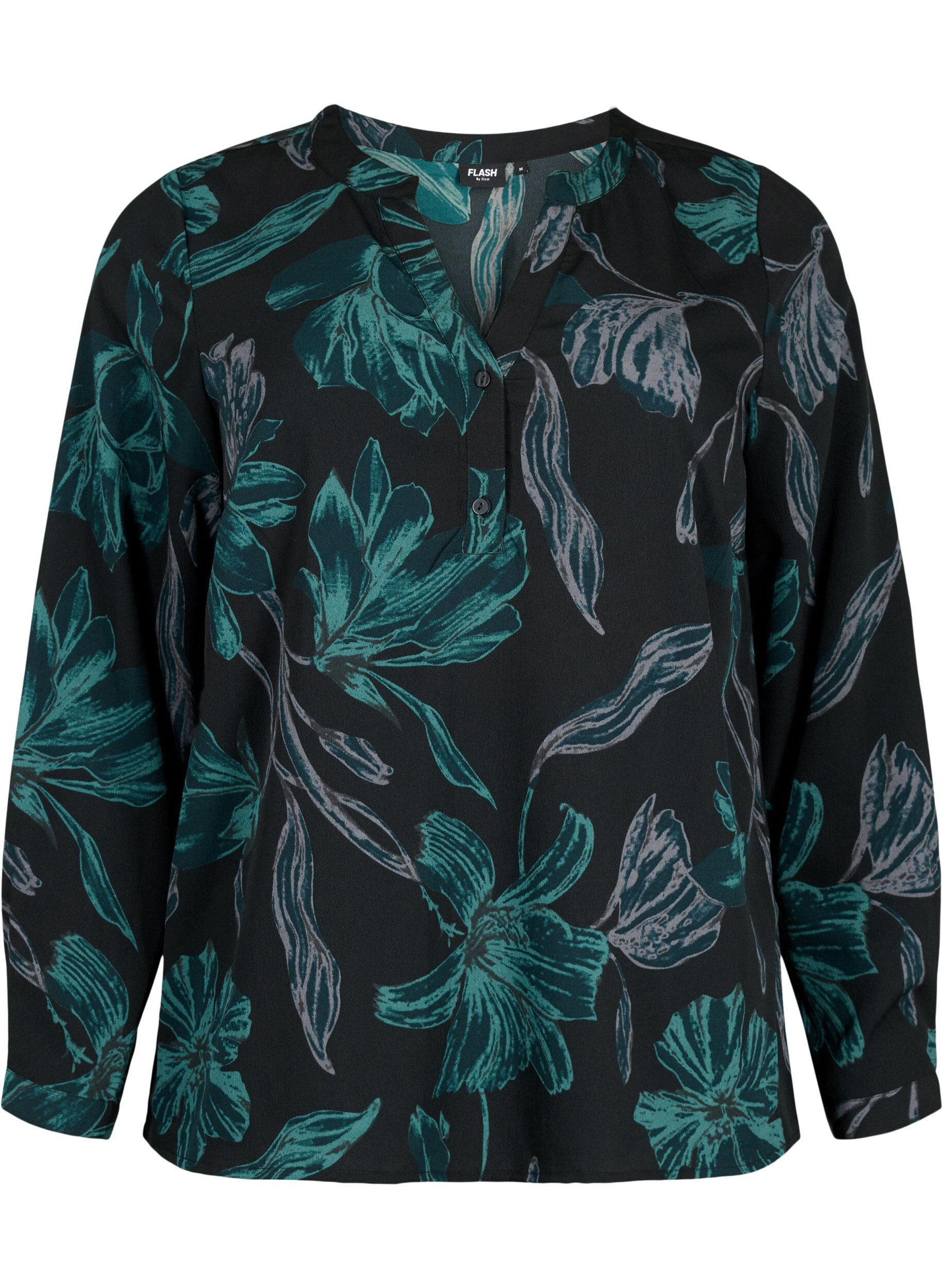 Zizzi FLASH - L&aring;ng&auml;rmad blus med tryck, Black Scarab Flower, Packshot image number 0