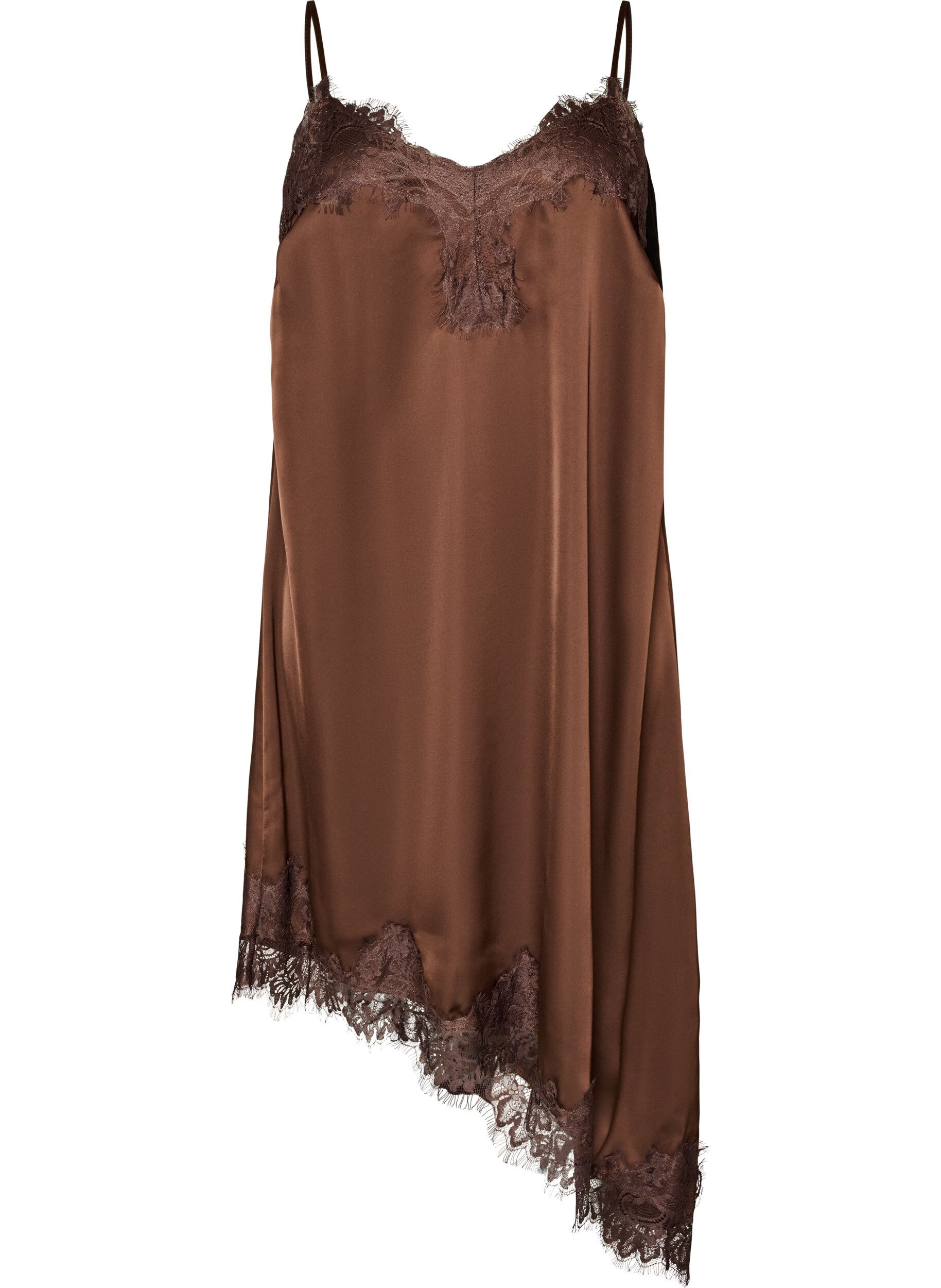 ZizziKl&auml;nning i satin med spets och asymmetrisk f&aring;ll, Brun, Packshot image number 0