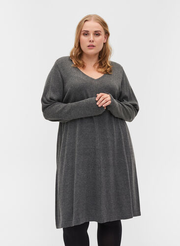Enfärgad stickad klänning med långa ärmar, Dark Grey Melange, Model image number 0