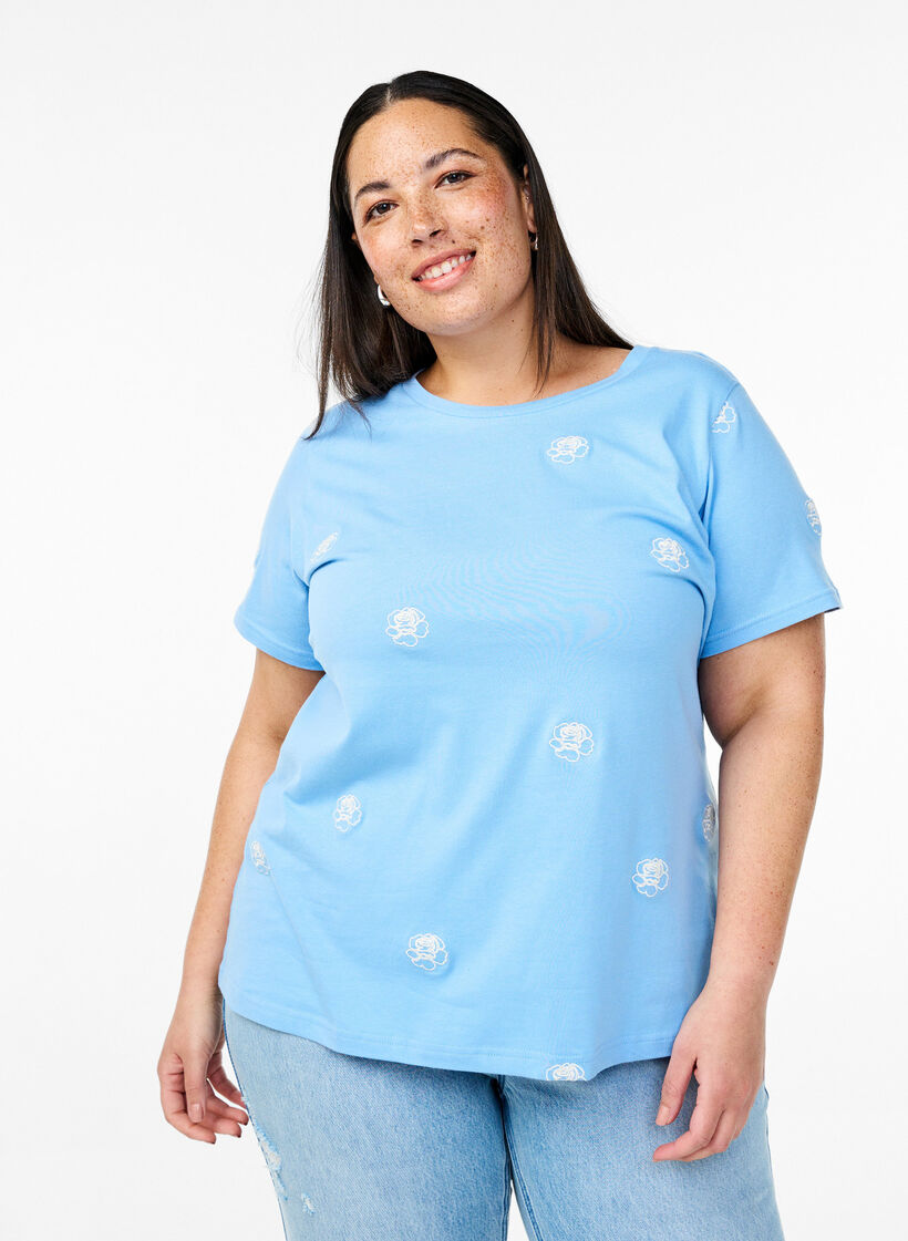 T-shirt i ekologisk bomull med broderade motiv, Bl&aring;, Model image number 0