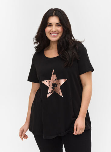 Kortärmad bomulls t-shirt med tryck, Black w. star copper, Model image number 0