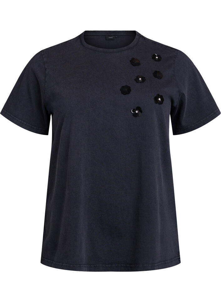 Tvättad T-shirt med paljettblommor, Grå, Packshot image number 0