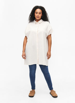 Lång randig bomullsskjorta, White/Natrual Stripe, Model image number 2