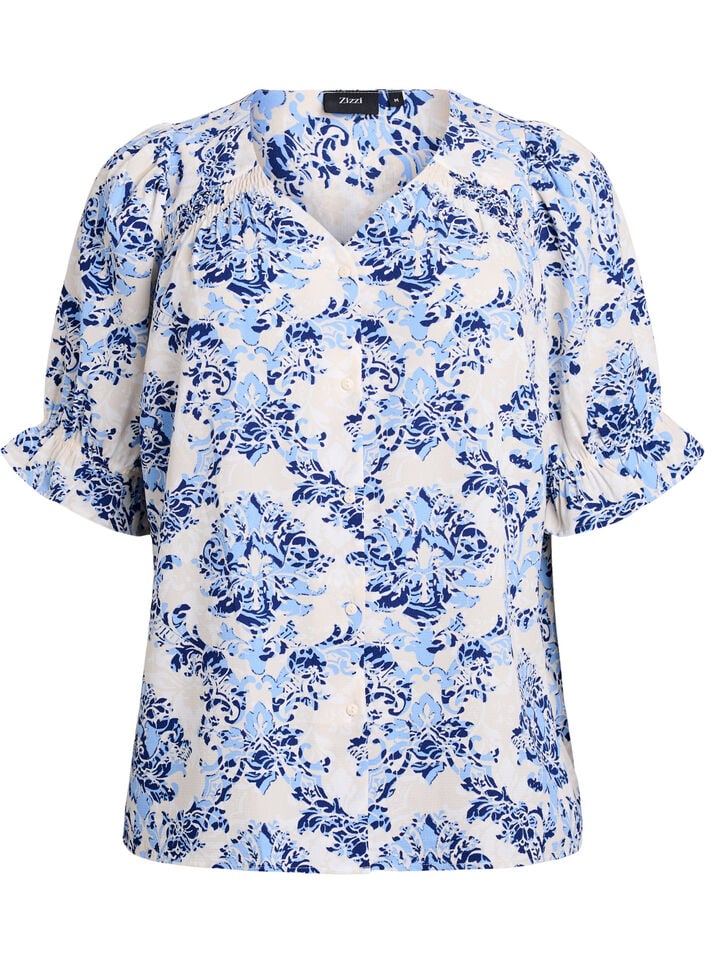 Skjortblus med halvl&aring;nga &auml;rmar, Beige, Packshot image number 0