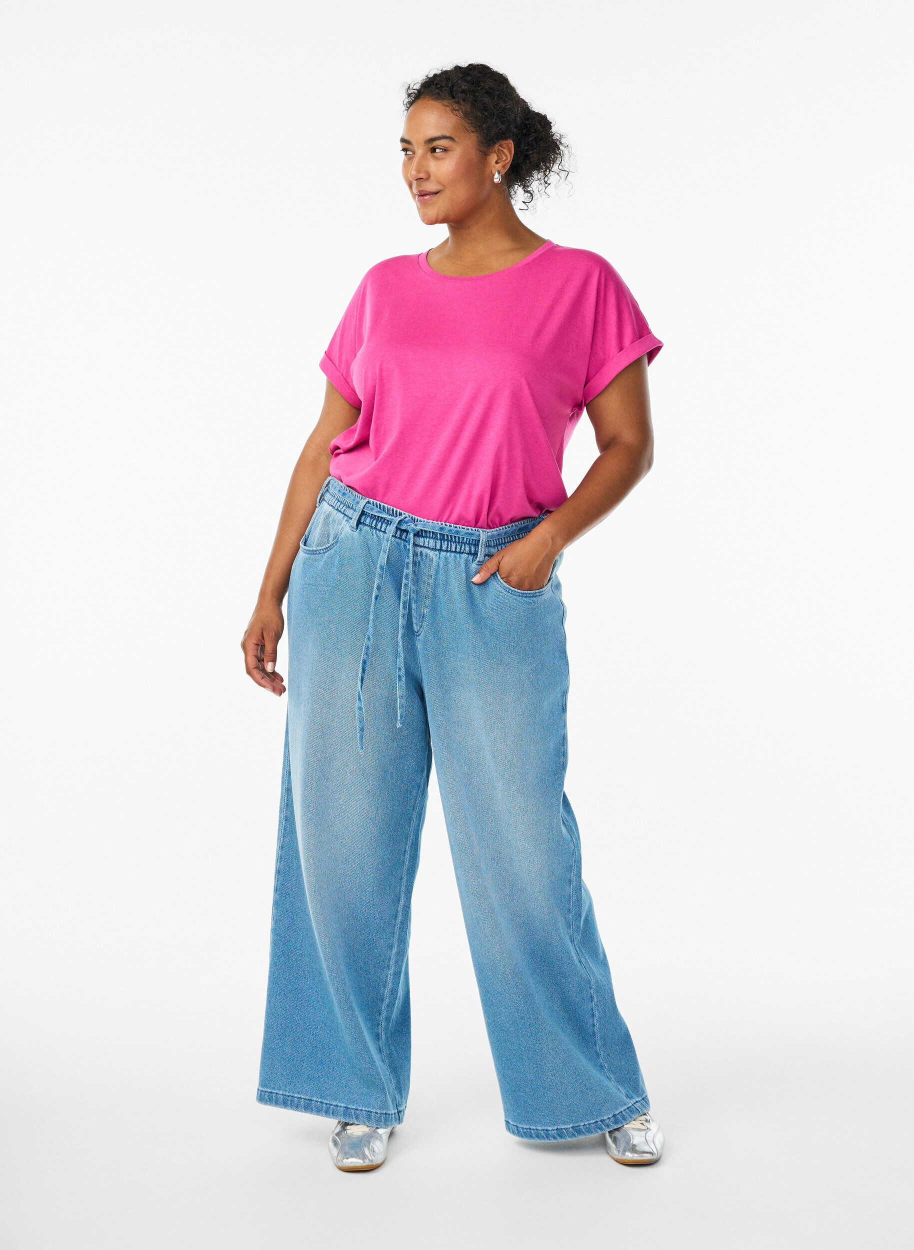 ZizziKort&auml;rmad t-shirt i bomullsblandning, Rosa, Model image number 1