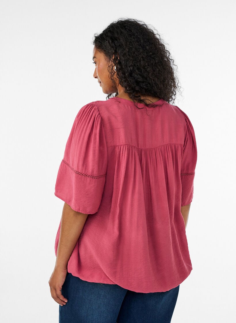 Blus i viskos med str&aring;veck och ballongeffekt, Rosa, Model image number 2
