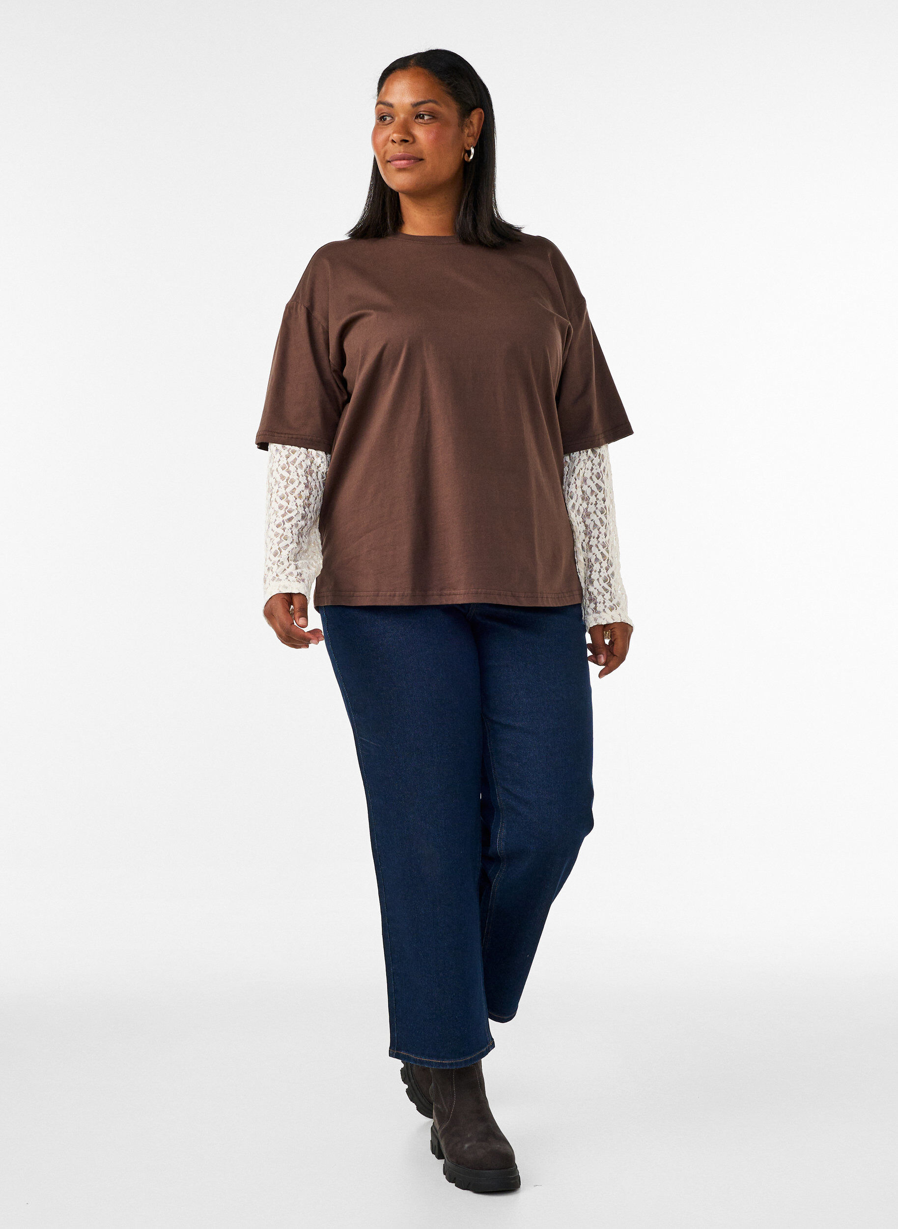 ZizziL&ouml;s t-shirt med l&aring;nga &auml;rmar i spets, Brun, Model image number 1