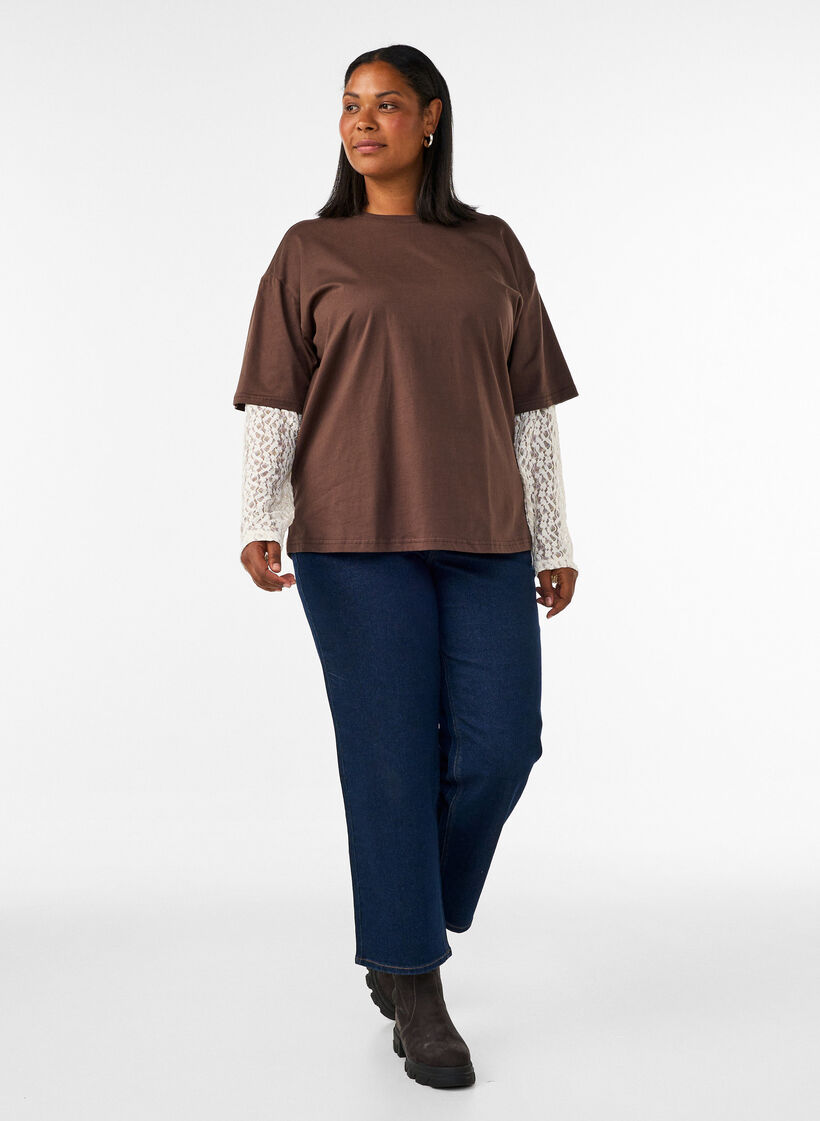 L&ouml;s t-shirt med l&aring;nga &auml;rmar i spets, Brun, Model image number 1