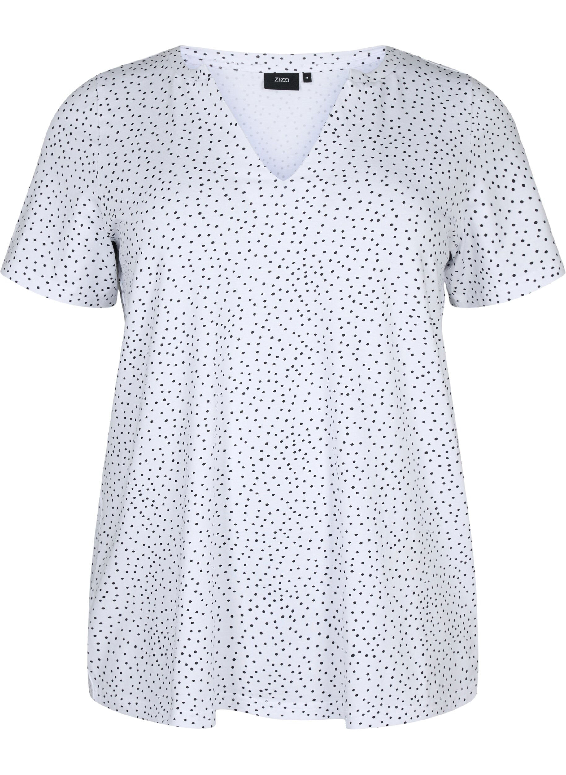 Zizzi Bomulls t-shirt med prickar och v-ringning, B.White/Black Dot, Packshot image number 0