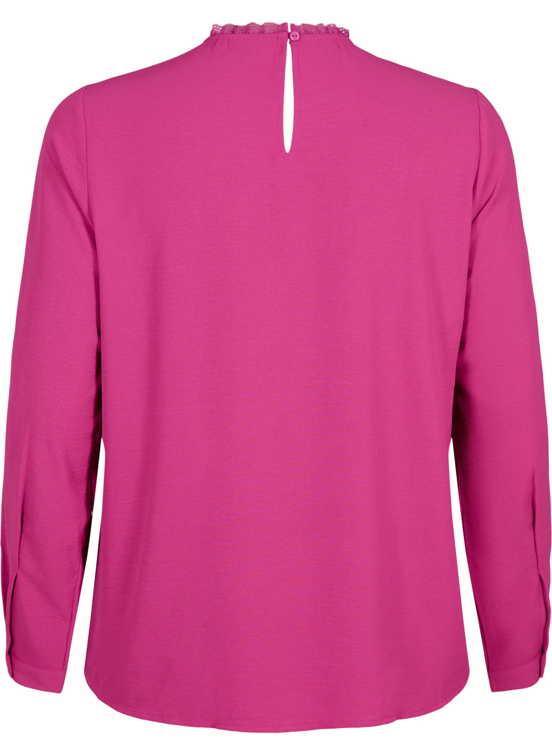 Zizzi L&aring;ng&auml;rmad blus med spetsdetaljer, Festival Fuchsia, Packshot image number 1