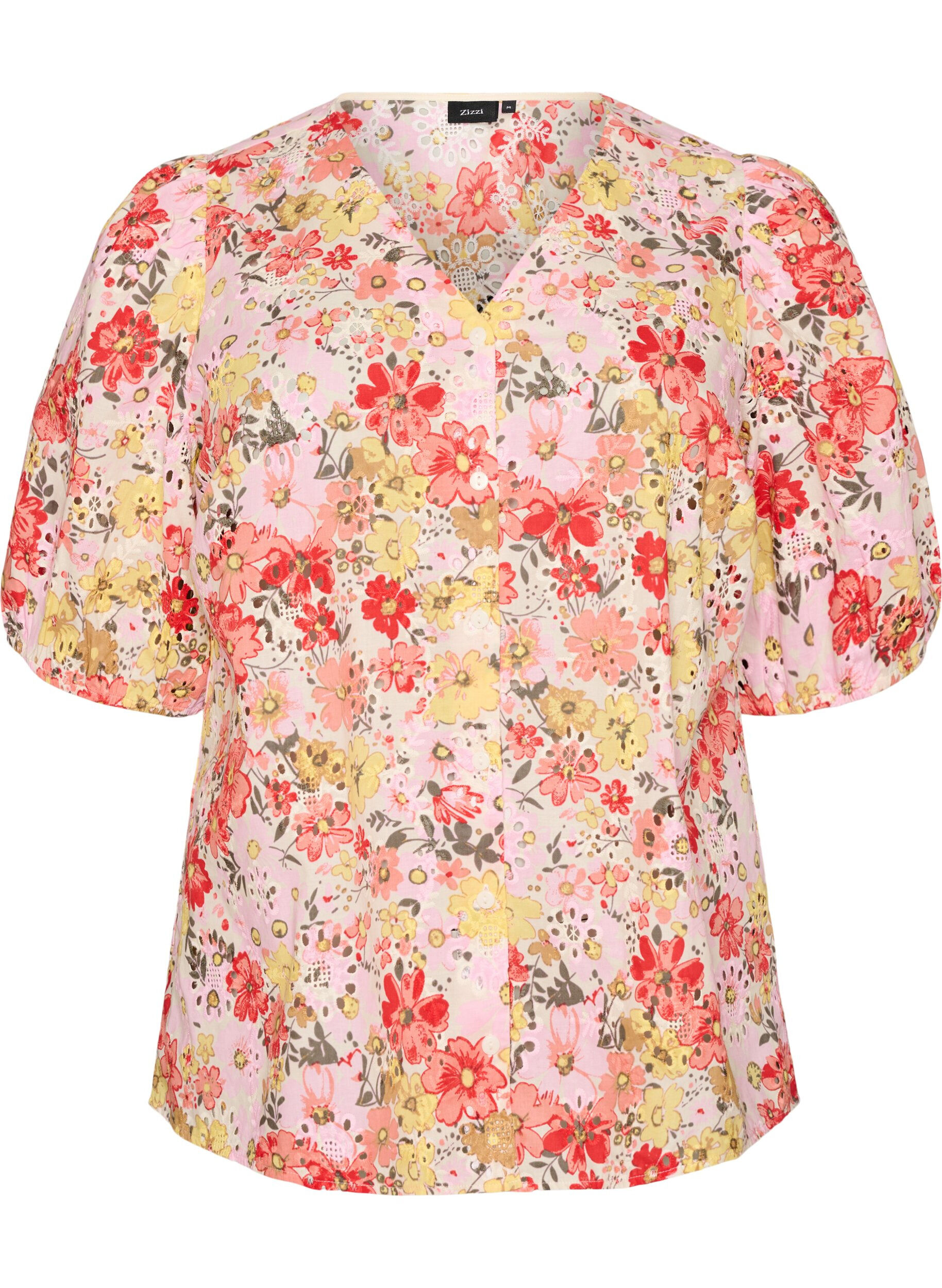 ZizziBlommig blus med h&aring;lbroderi och V-ringning, Rosa, Packshot image number 0