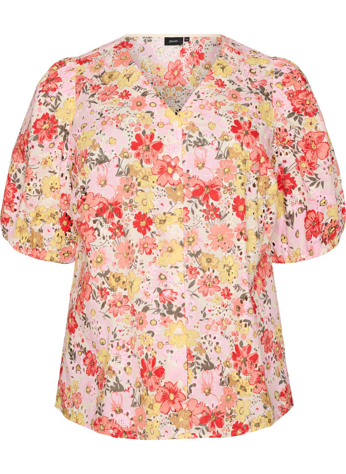 Blommig blus med h&aring;lbroderi och V-ringning, Rosa, Packshot image number 0