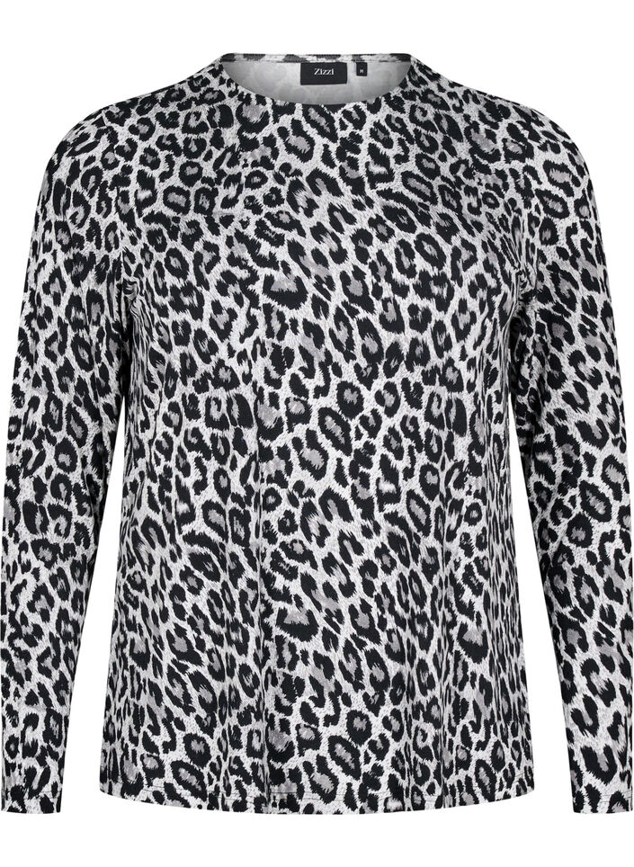 Långärmad blus med leopardmönster, Grå, Packshot image number 0