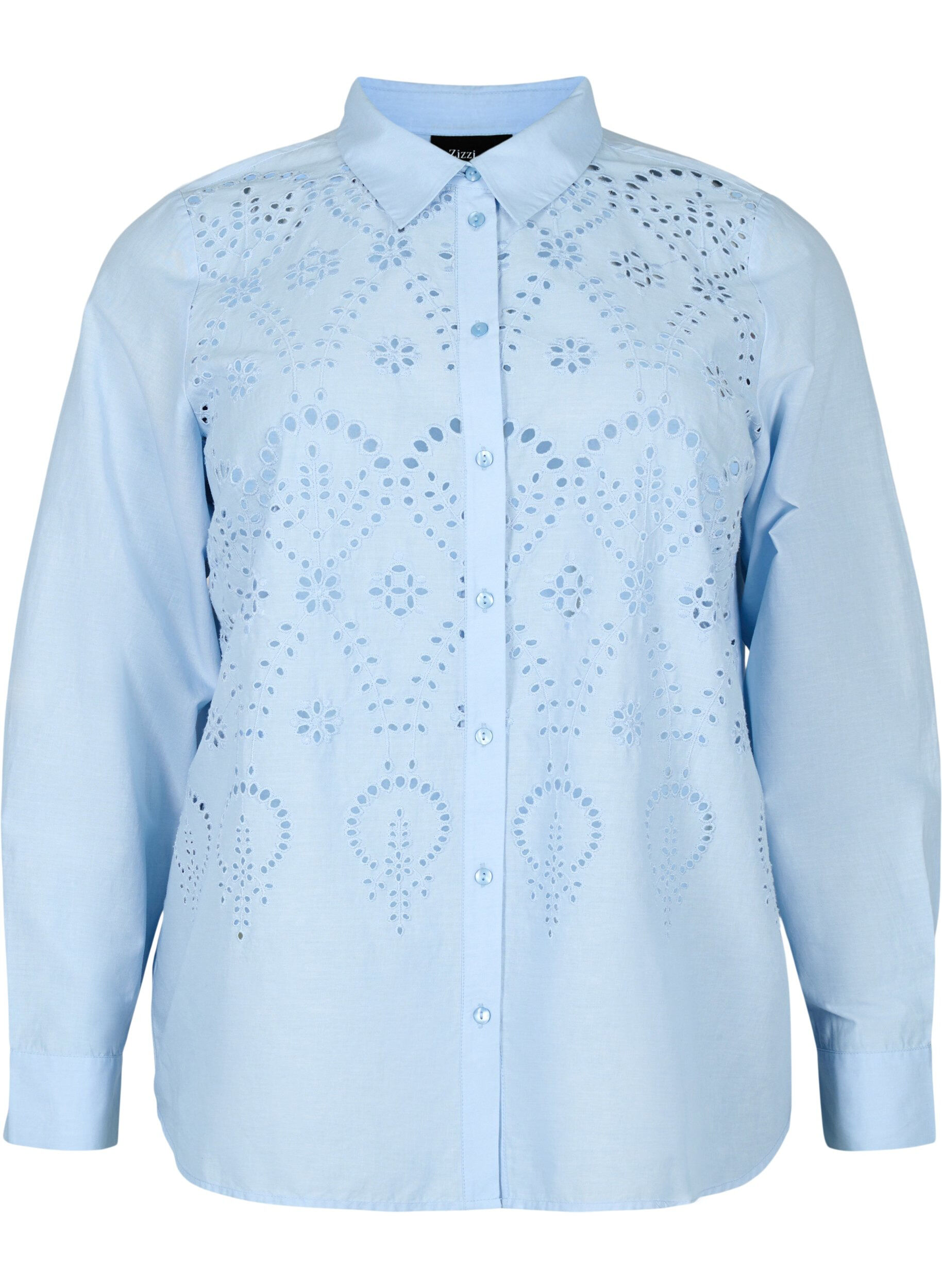 Zizzi Bomullsskjorta med broderi anglaise, Chambray Blue, Packshot image number 0