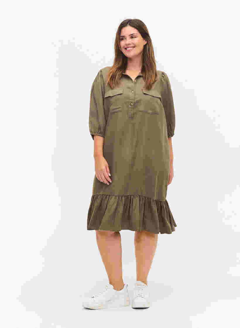 Klänning med volang och 3/4 ärmar, Dusty Olive, Model image number 2