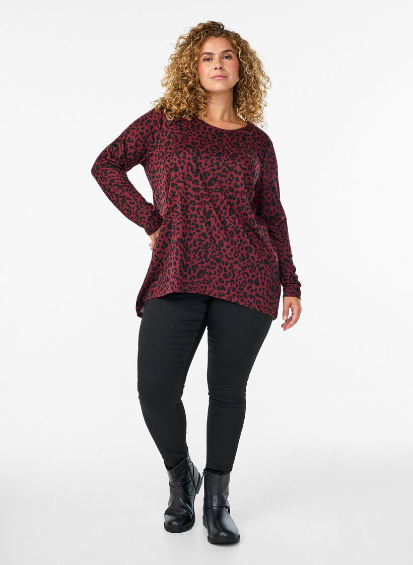 Leopardm&ouml;nstrad blus med l&aring;nga &auml;rmar, M&ouml;rk Bordeaux, Model image number 1