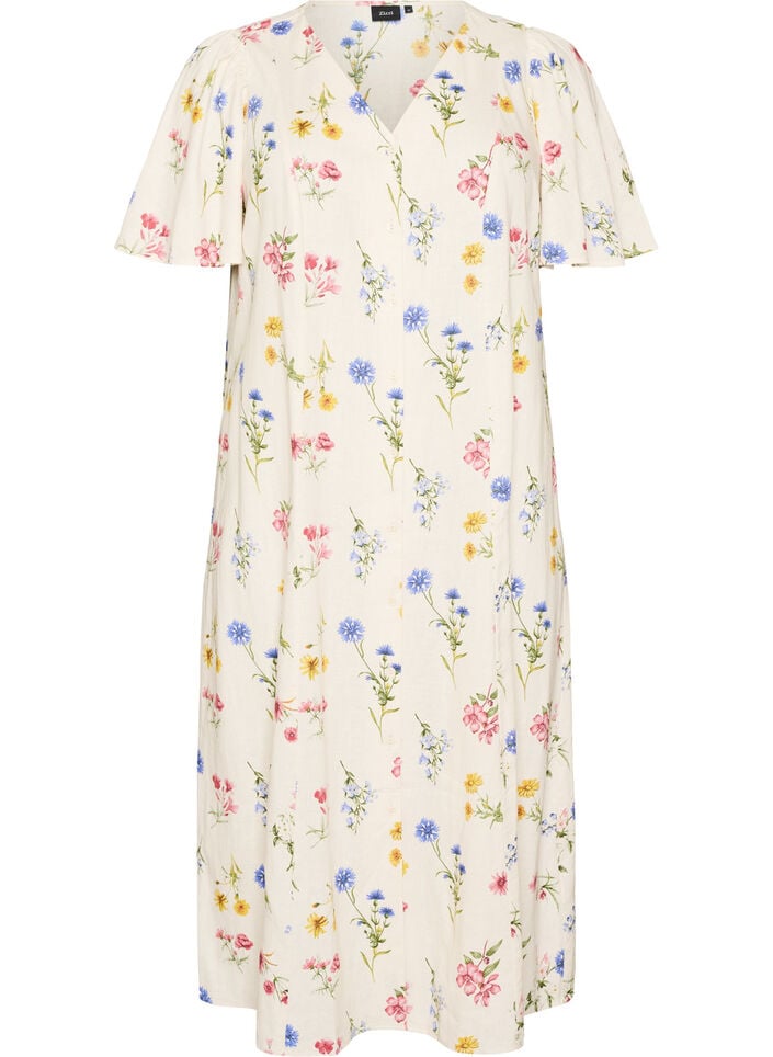 Midikl&auml;nning i linne och viskos med volang&auml;rmar, Beige, Packshot image number 0