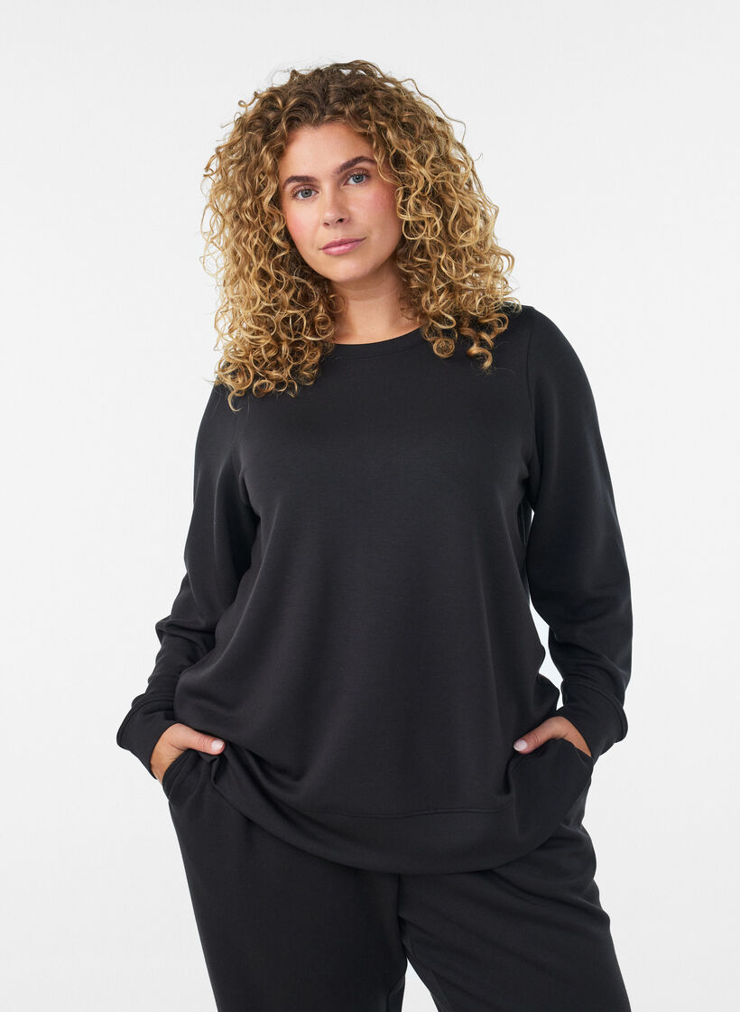 L&aring;ng&auml;rmad blus i jersey med rund hals, Svart, Model image number 0