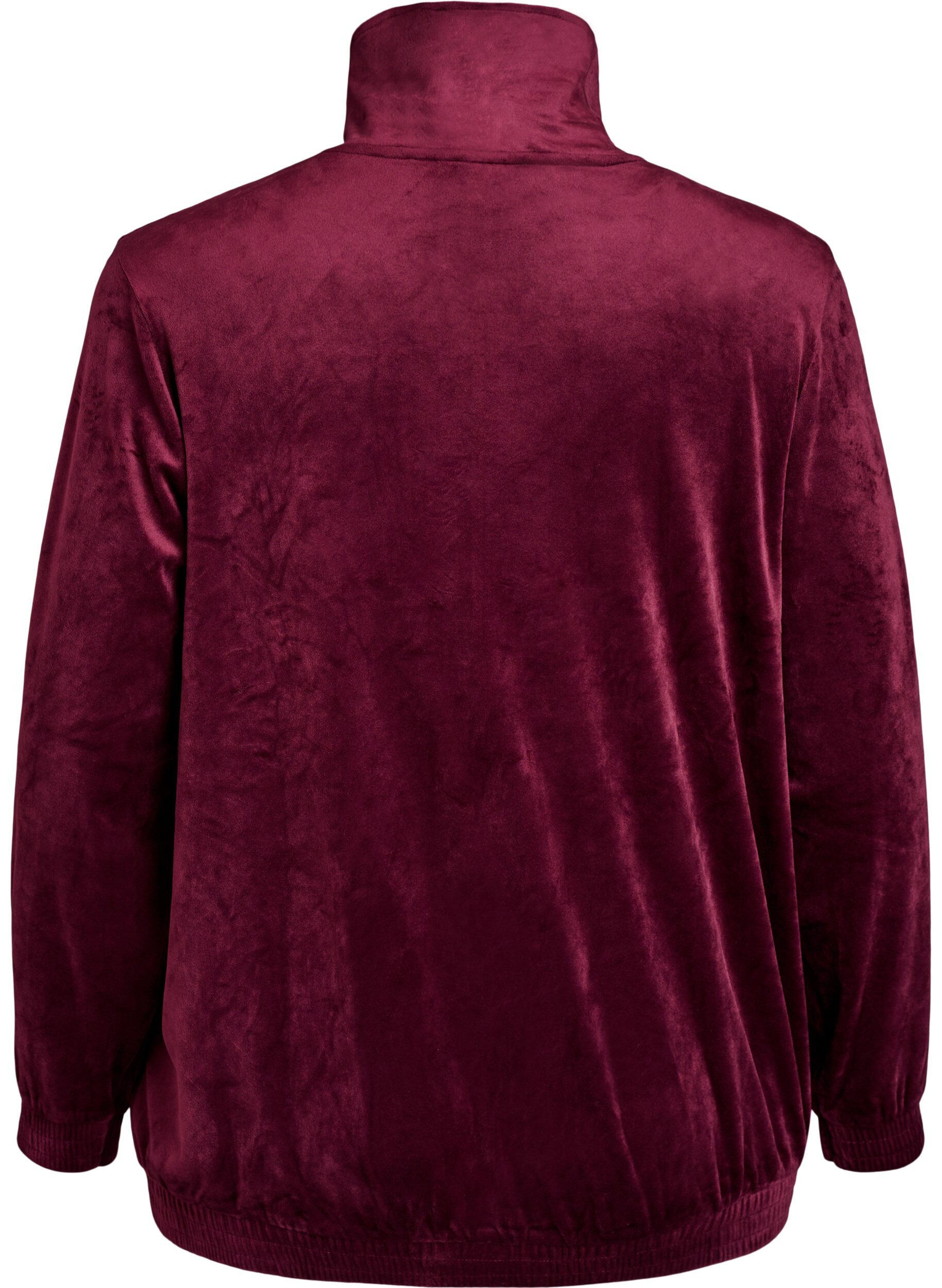 Zizzi Cardigan i velour med dragkedja och h&ouml;g krage, M&ouml;rk Bordeaux, Packshot image number 1