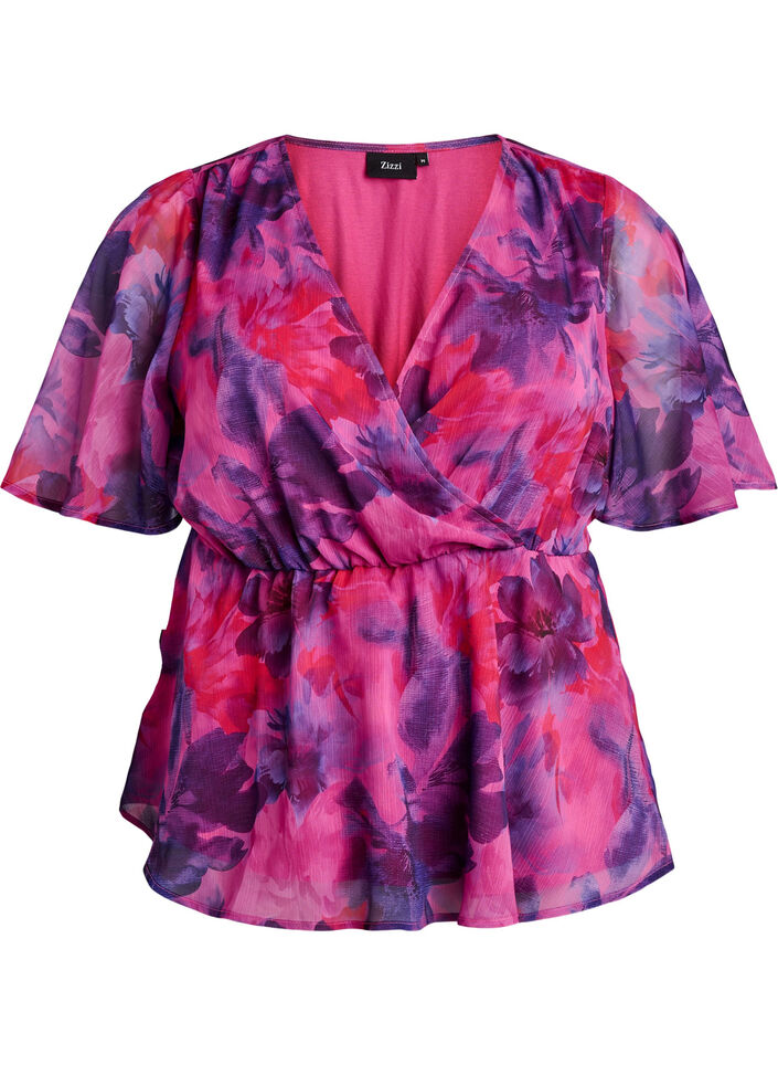 Blus i chiffong med blommor och korta &auml;rmar, R&ouml;d, Packshot image number 0