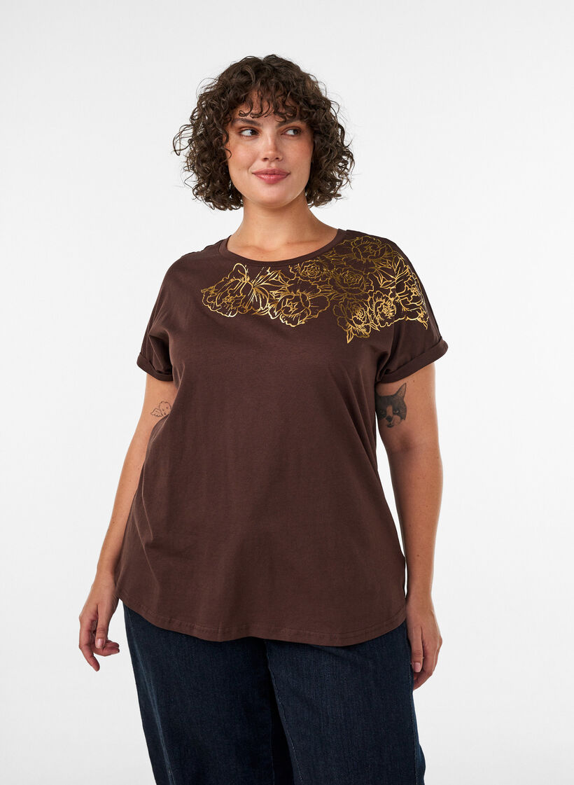 T-shirt i bomull med blommigt m&ouml;nster, Brun, Model image number 0