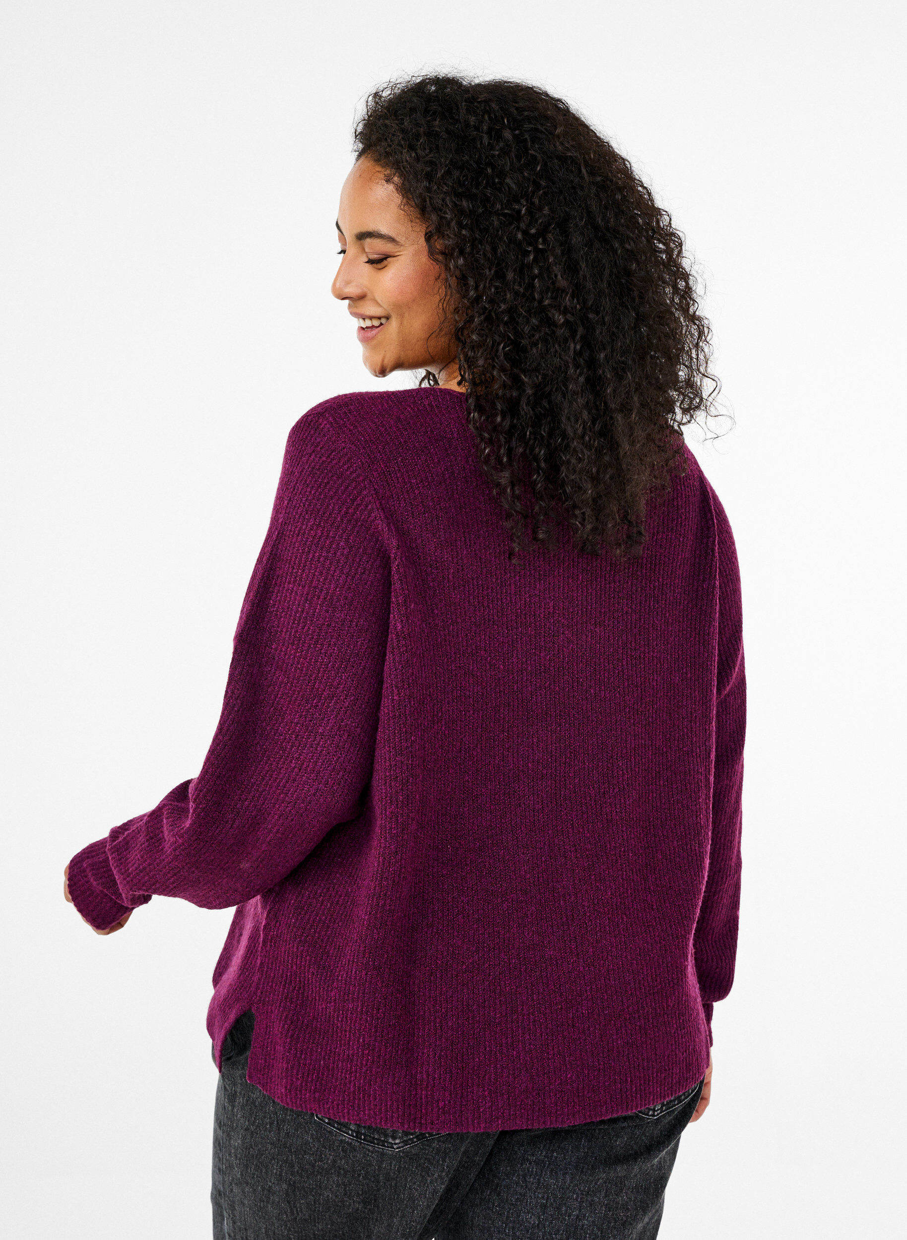 Zizzi Stickad blus med v-ringning och l&aring;nga &auml;rmar, Potent P. Black Mel., Model image number 1