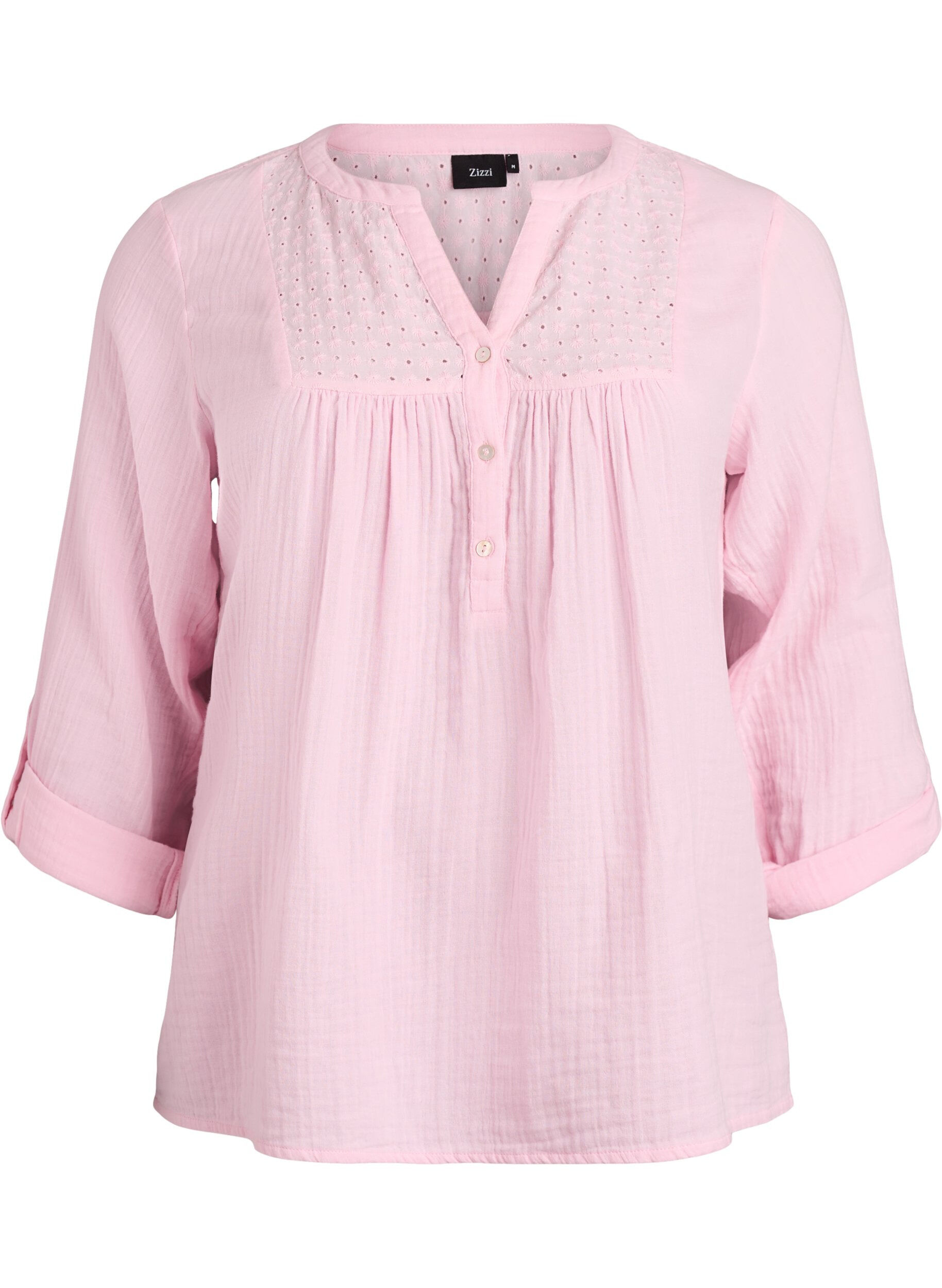 ZizziBlus i bomullsmuslin med broderie anglaise, Rosa, Packshot image number 0
