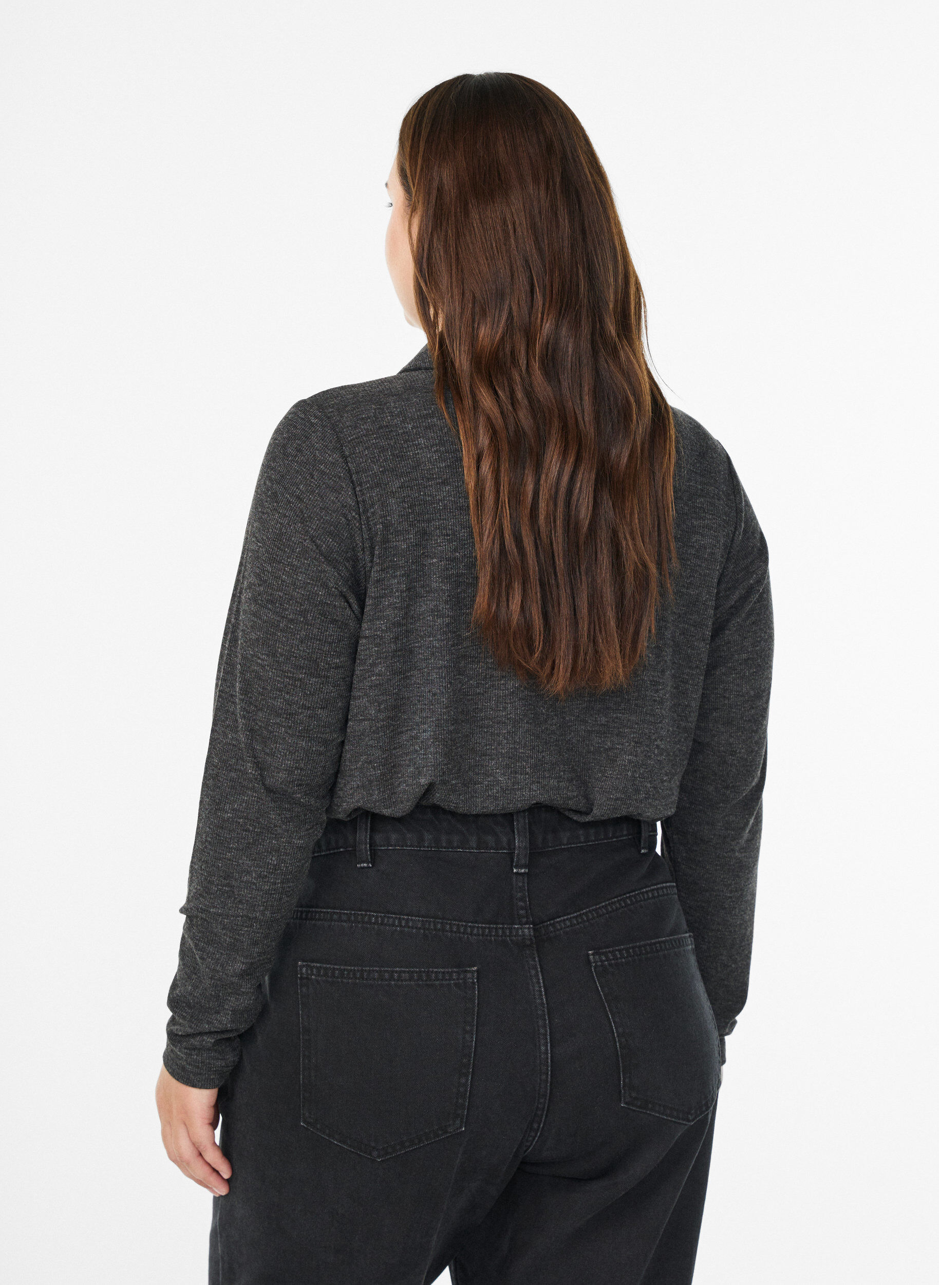 Zizzi L&aring;ng&auml;rmad pik&eacute;tr&ouml;ja i stretchig ribbstickning, Gr&aring;, Model image number 2