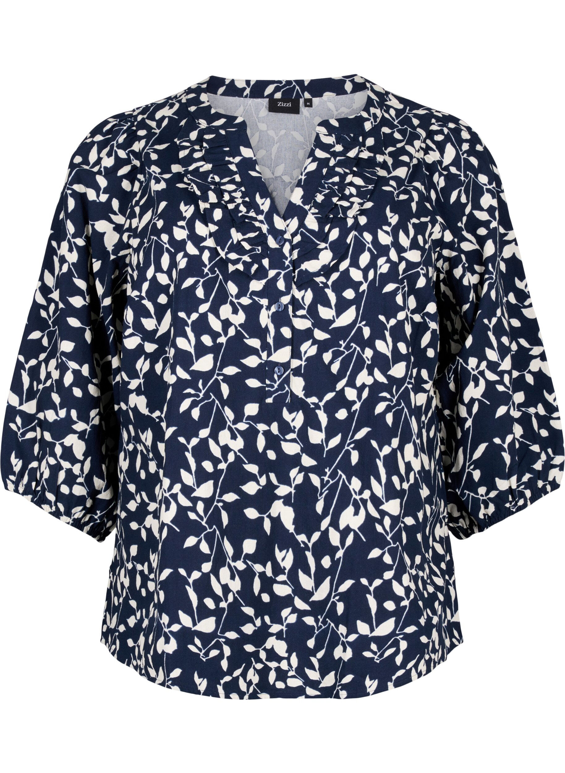 Zizzi Bomullsblus med 3/4-&auml;rm och tryck, Navy Blazer Leaf, Packshot image number 0