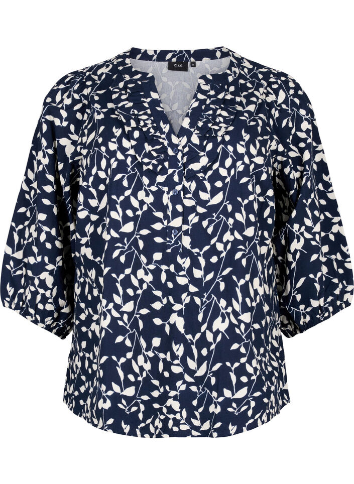 Bomullsblus med 3/4-&auml;rm och tryck, Navy Blazer Leaf, Packshot image number 0