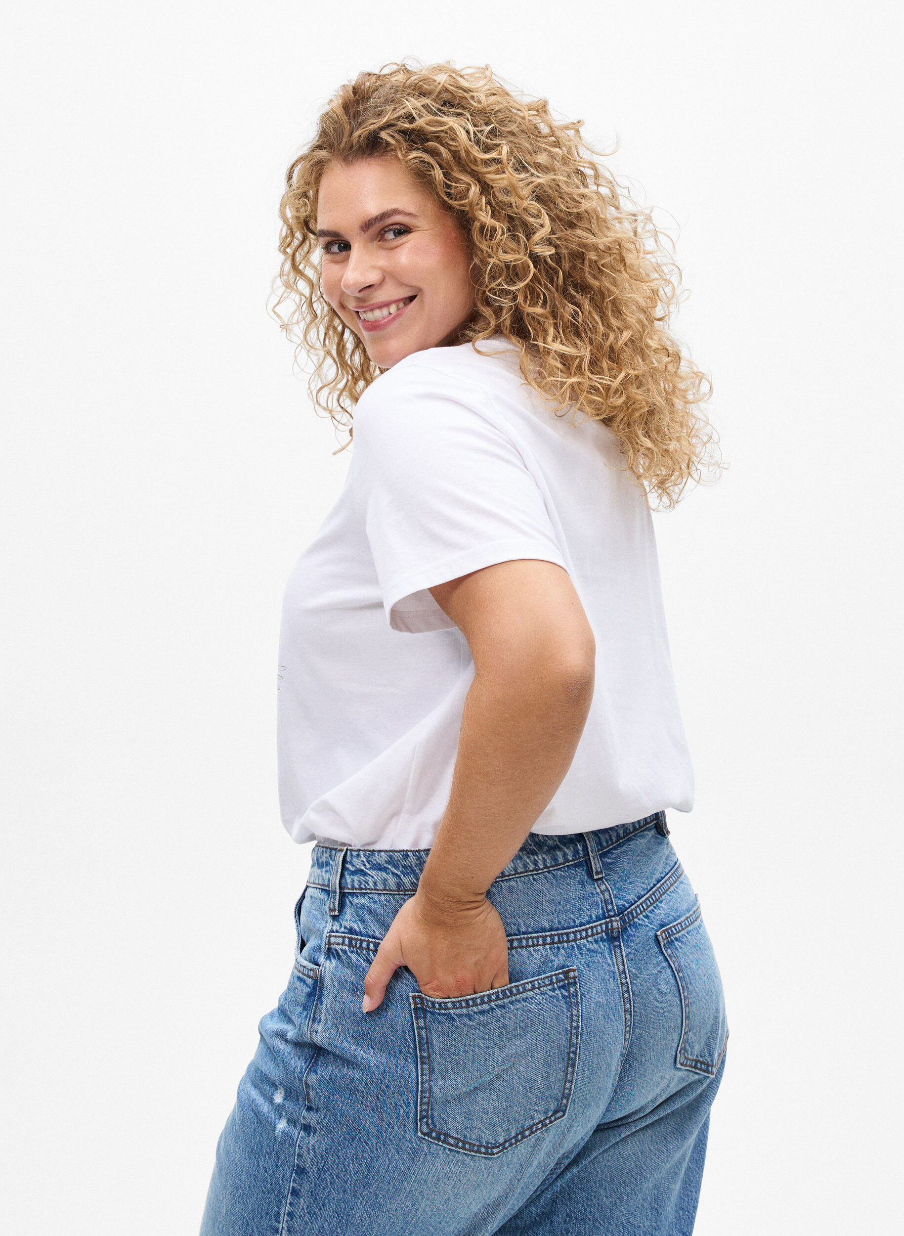 Zizzi T-shirt i bomull med tryck framtill, Vit, Model image number 2