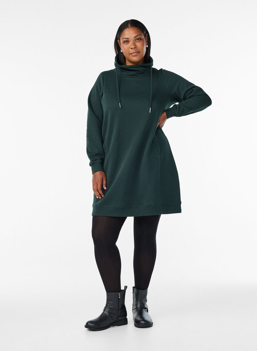 Kort sweatshirtkl&auml;nning med h&ouml;g krage och fickor, Gr&ouml;n, Model image number 1