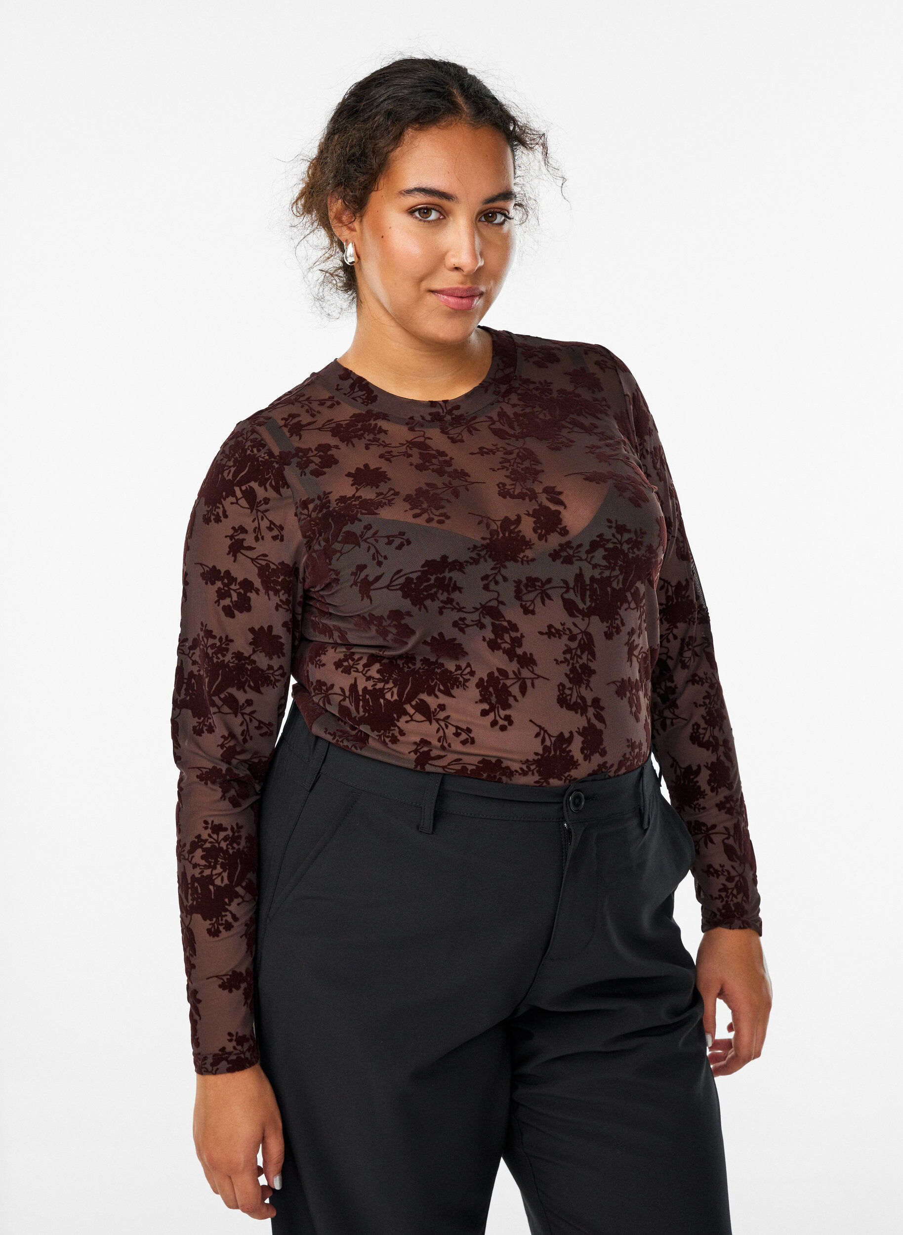 Zizzi Blus i mesh med blommigt m&ouml;nster, Brun, Model image number 0