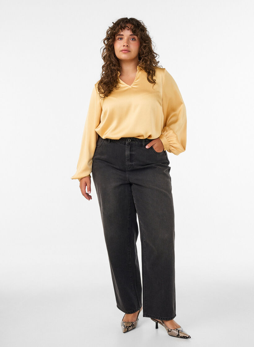 Blus med skjortkrage och v-ringning, Gul, Model image number 1