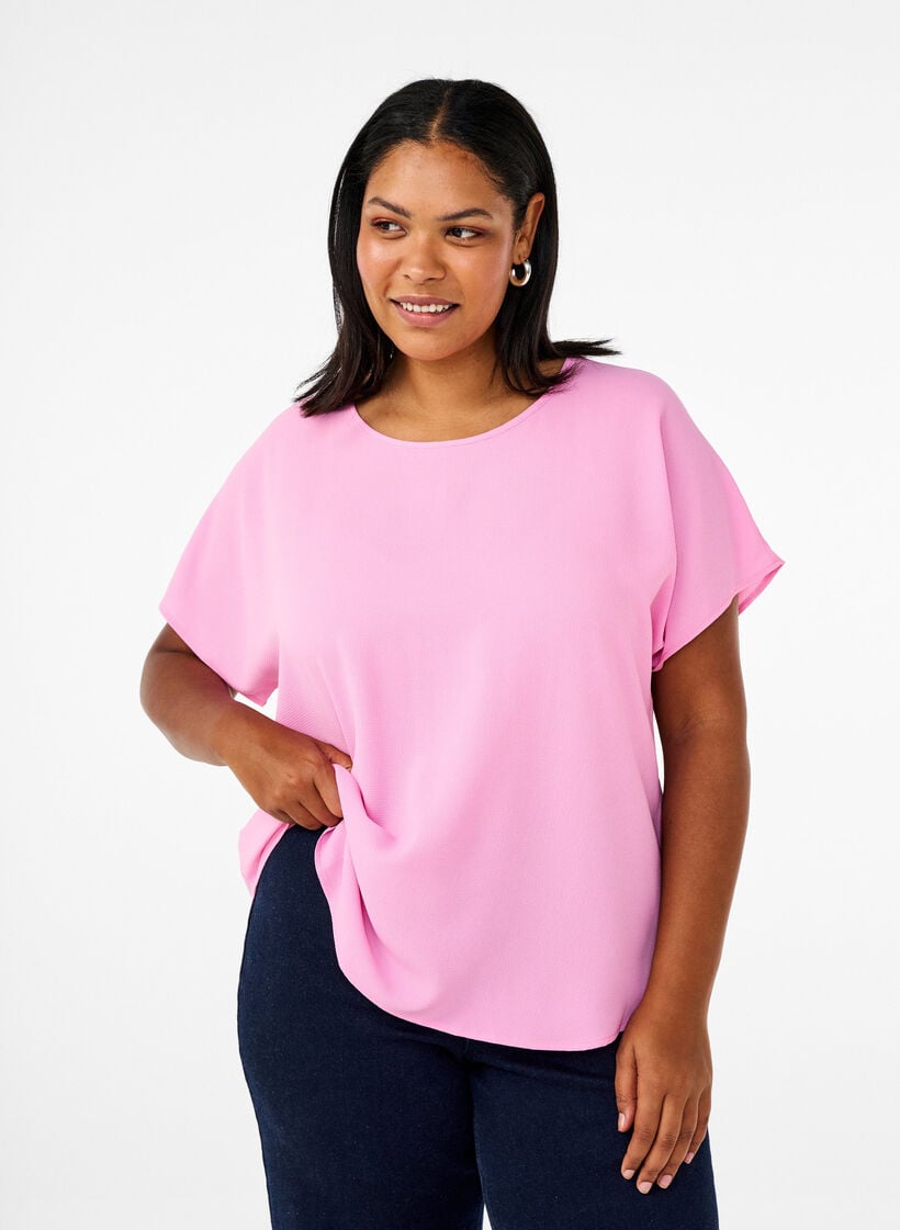 Blus med korta &auml;rmar och rund halsringning, Rosa, Model image number 0