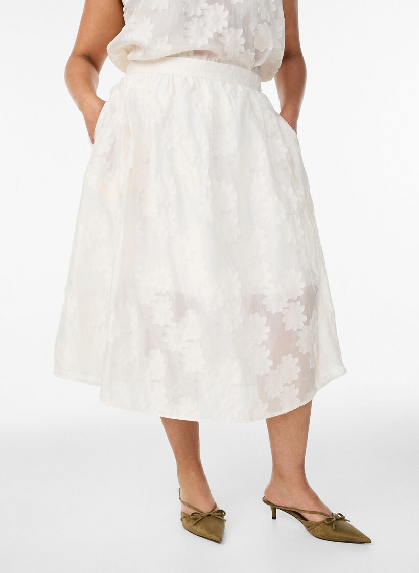 Midikjol i blommig jacquard, Vanilla, Model image number 2